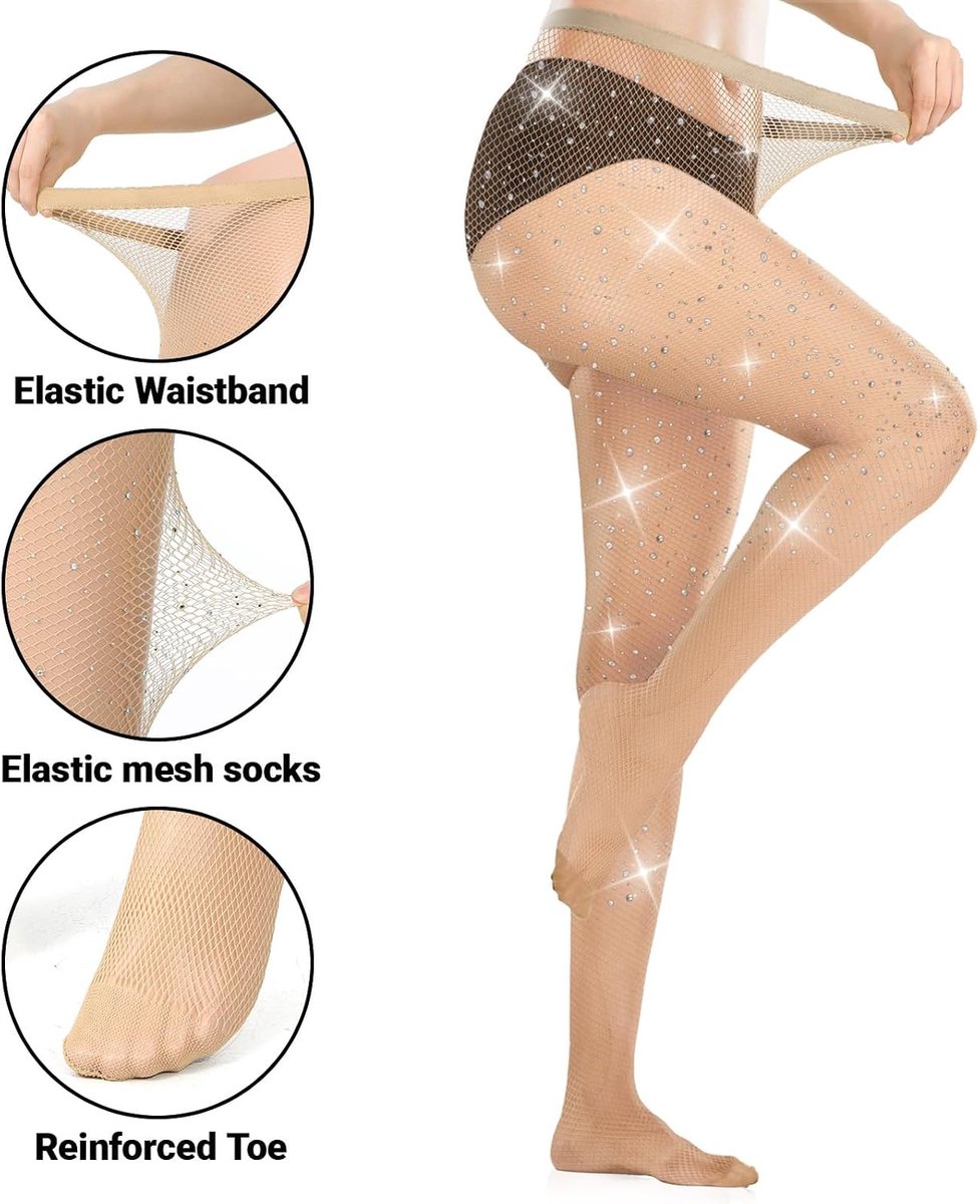 Panty's voor dames, netpanty's met glitters, Beige, strass, fonkelende visnetpanty's voor carnaval, banket, party, podiumoptredens (twee stijlen) (2023577557027)