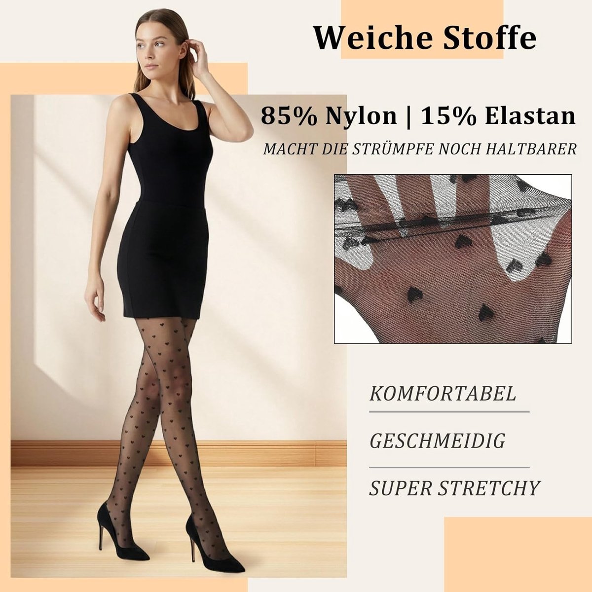 Zwarte Panty met Hartjespatroon - Fijne Kousen met Transparante Hartafdruk voor Carnaval en Valentijnsdag (3559160240537)