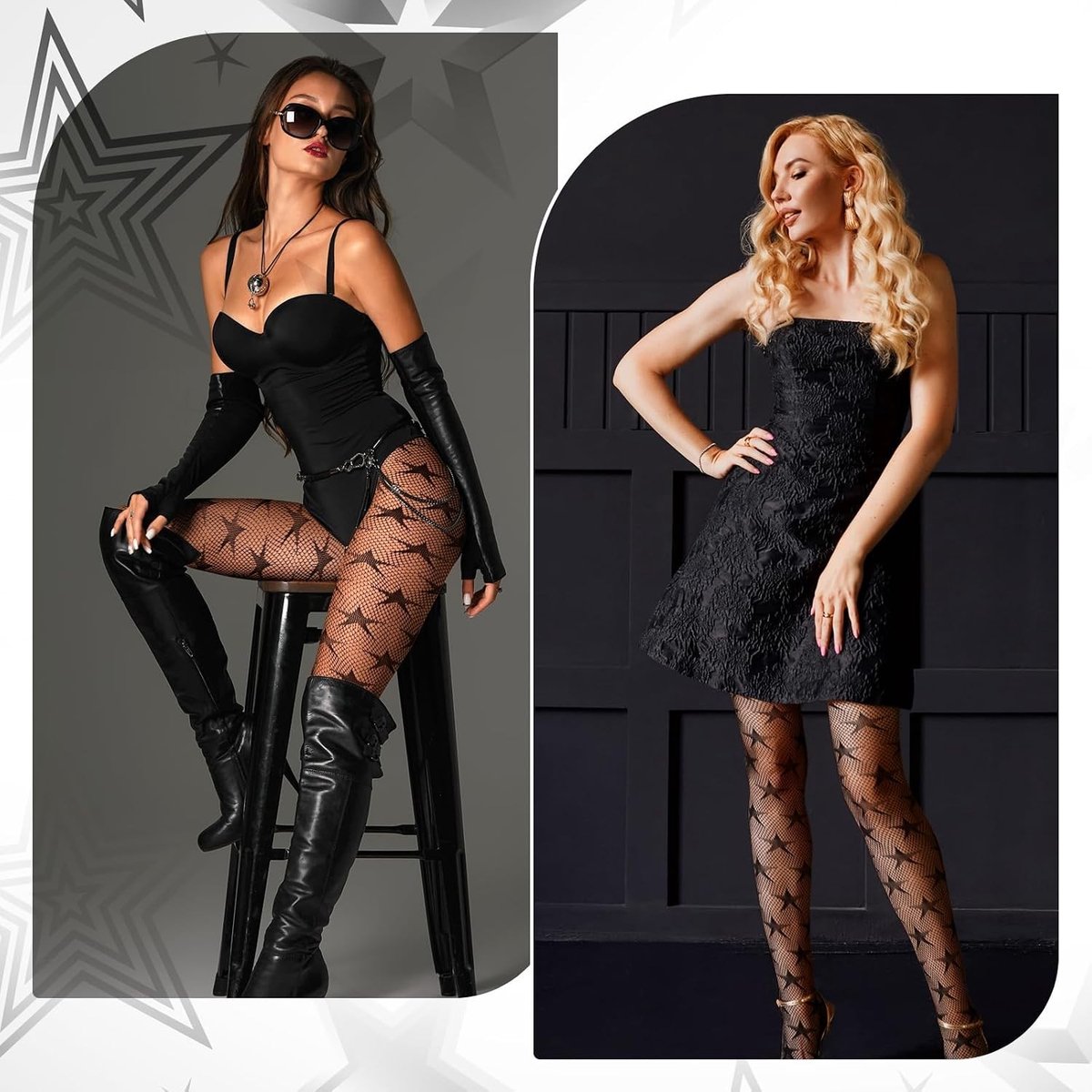 Zwarte Visnet Panty met Sterrenpatroon voor Dames - Elastische Hoge Taille voor Halloween, Carnaval en Cosplay Accessoires (3290462280400)