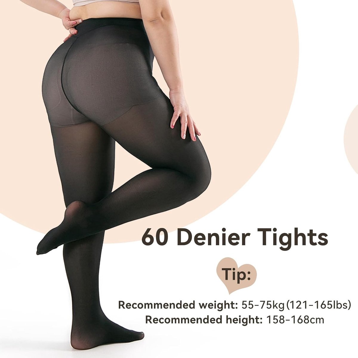 Zwarte ondoorzichtige panty voor dames, 60DEN fleece gevoerd, grote maten, warme leggings en controle bovenstuk (3894691081762)