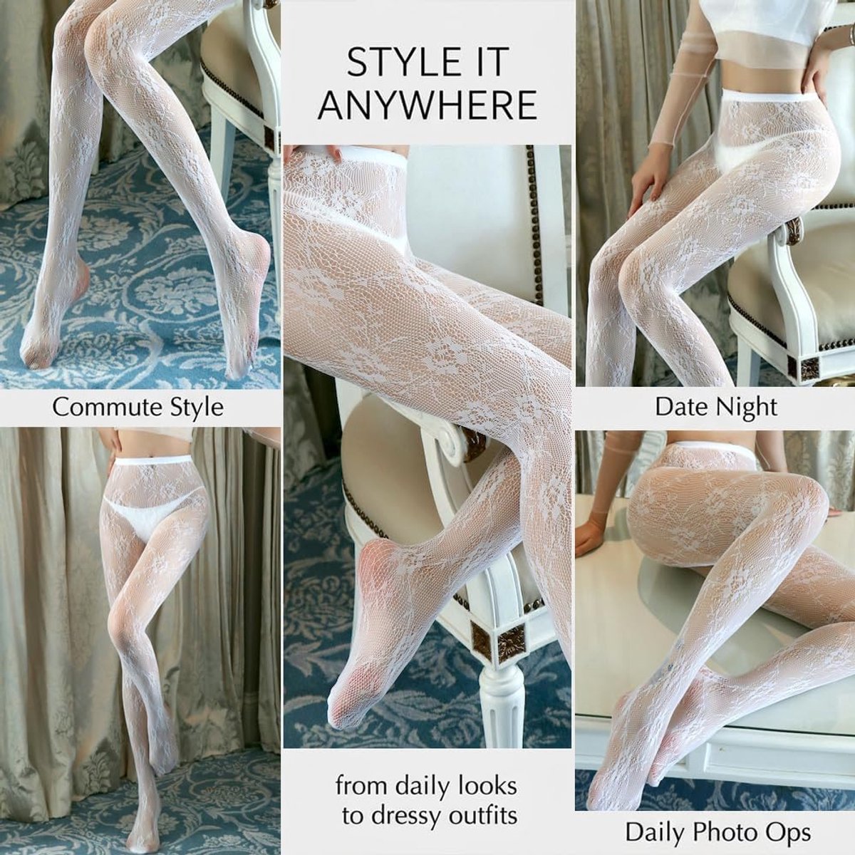 1 Paar Witte Netkousen met Bloemenpatroon, Sexy Doorbroken Kanten Panty voor Dames, Accessoire voor Verkleedkostuum Feest Club Dans Carnaval Halloween Erotische Lingerie en Mode (2313087013862)