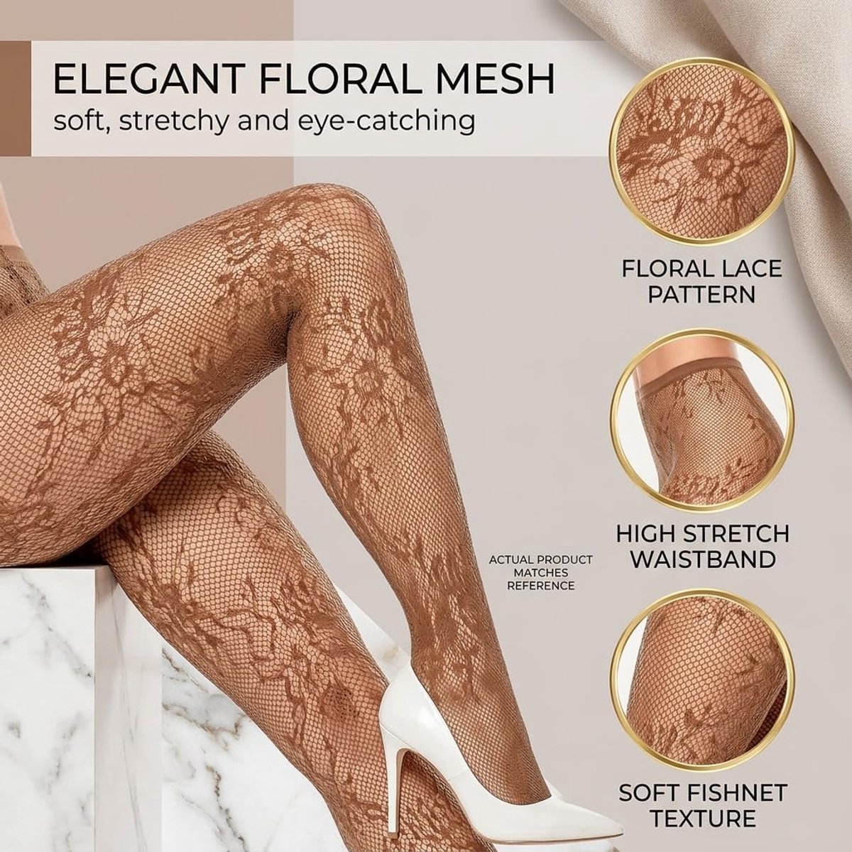 1 Stuk Koffiekleurige Netkous Dames Bloemenpatroon - Romantische Roos Panty Hoge Taille, Elastische Net Kousen voor Feest Bruiloft Cosplay, Sexy Franse Stijl Kous (2743528584758)