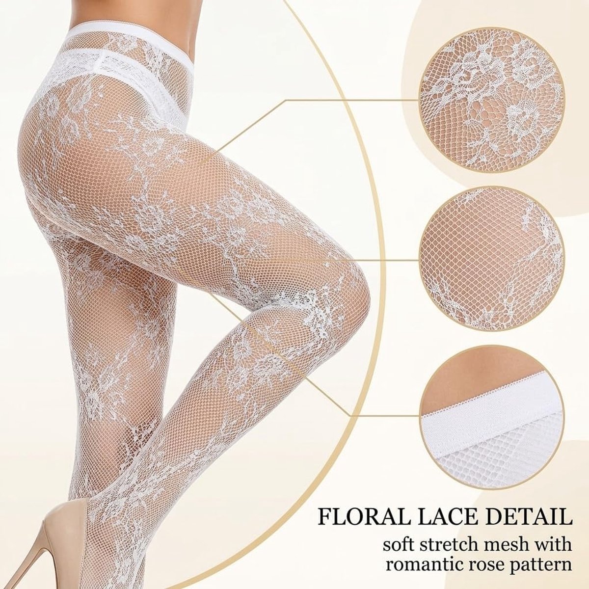 1 Stuk Witte Netkous Dames Bloemenpatroon - Romantische Roos Panty Hoge Taille, Elastische Net Kousen voor Feest Bruiloft Cosplay, Sexy Franse Stijl Kous (2664346289581)
