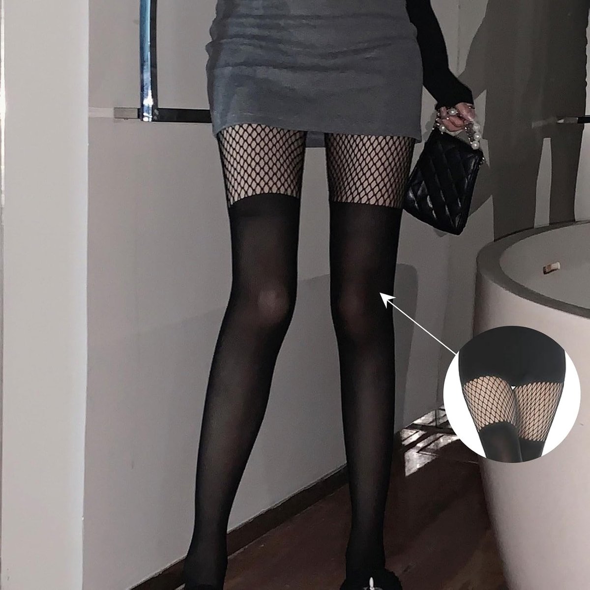 2 Paar Jarretel Ondoorzichtige Visnetkousen, Mock Panty's, Zwarte Gothic Mesh Dij Hoge Visnetten voor Vrouwen, Zwart, One Size (2374968214938)