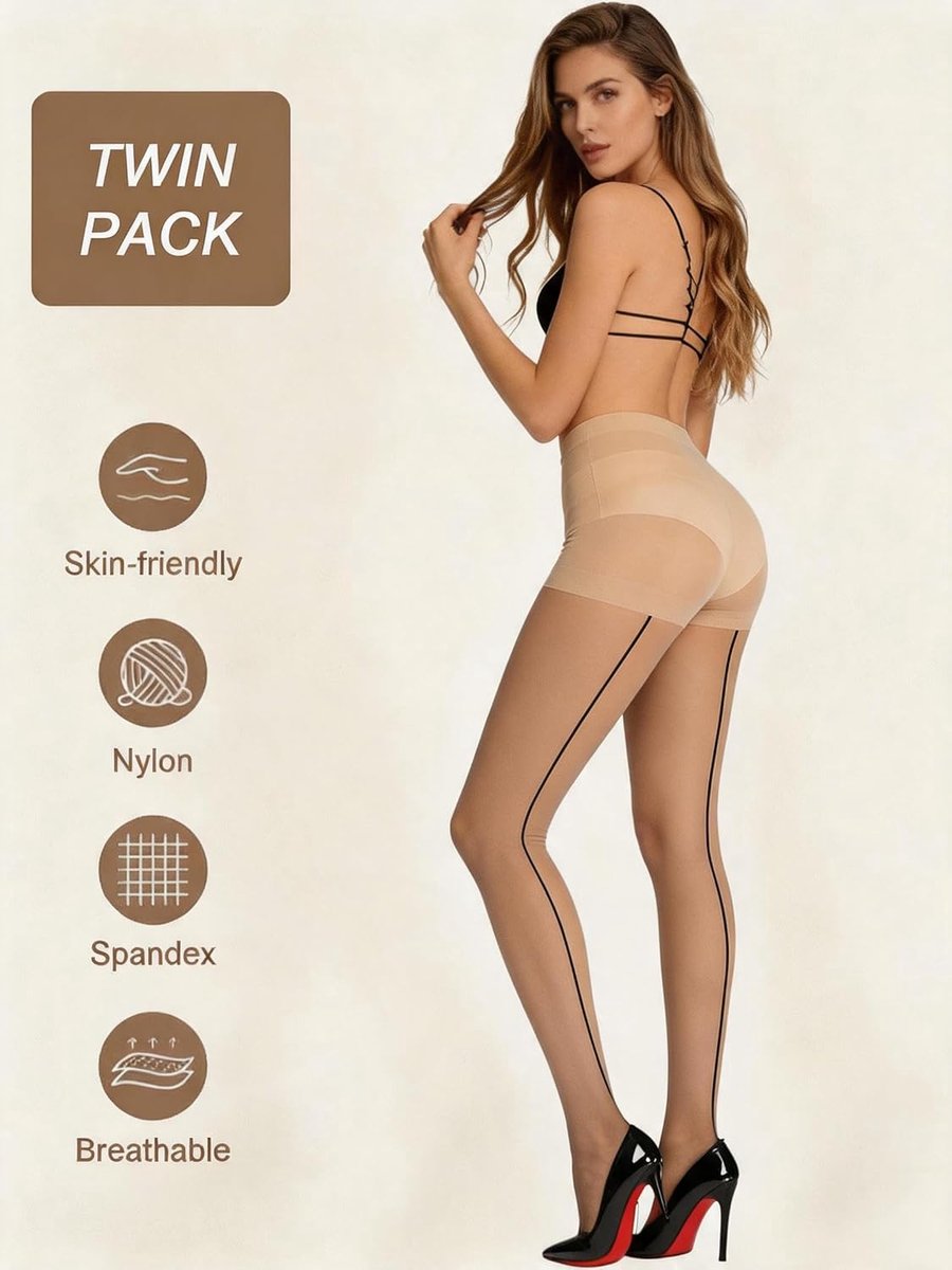 2-Pak Zwarte Panty Dames met Achternaad - 30DEN Nylon Shape Tights Pantyhose (2020781334482)