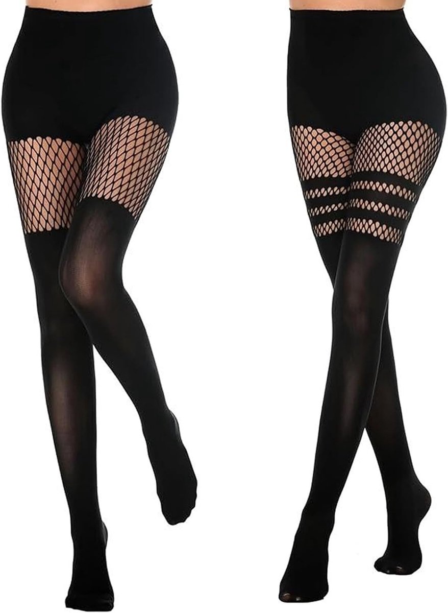 2 paar jarretel ondoorzichtige visnetkousen, zwarte panty's, jarretelkousen, goth mock panty's, mesh visnetten, dij hoge mesh visnetnetten voor vrouwen., Zwart, One size (2949683838266)
