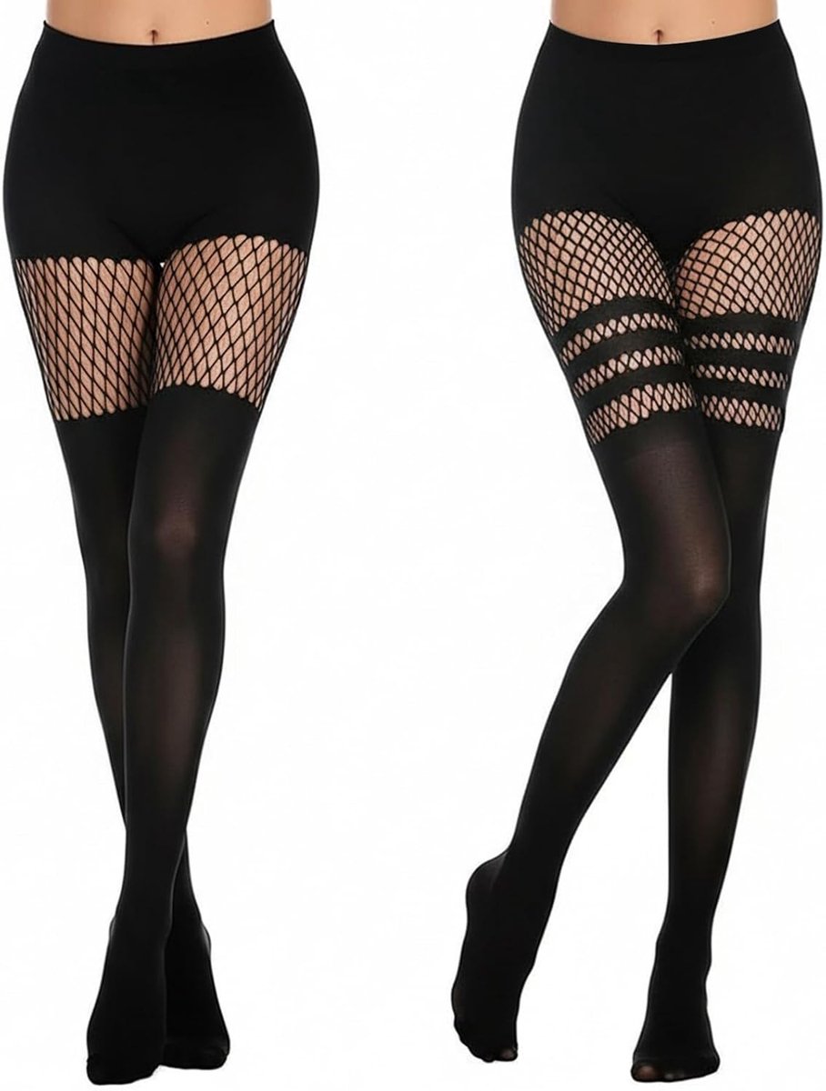 2 paar zwarte panty voor dames, ondoorzichtige netpanty, overknee-look, hoge taille, jarretelkousen (2053252032914)