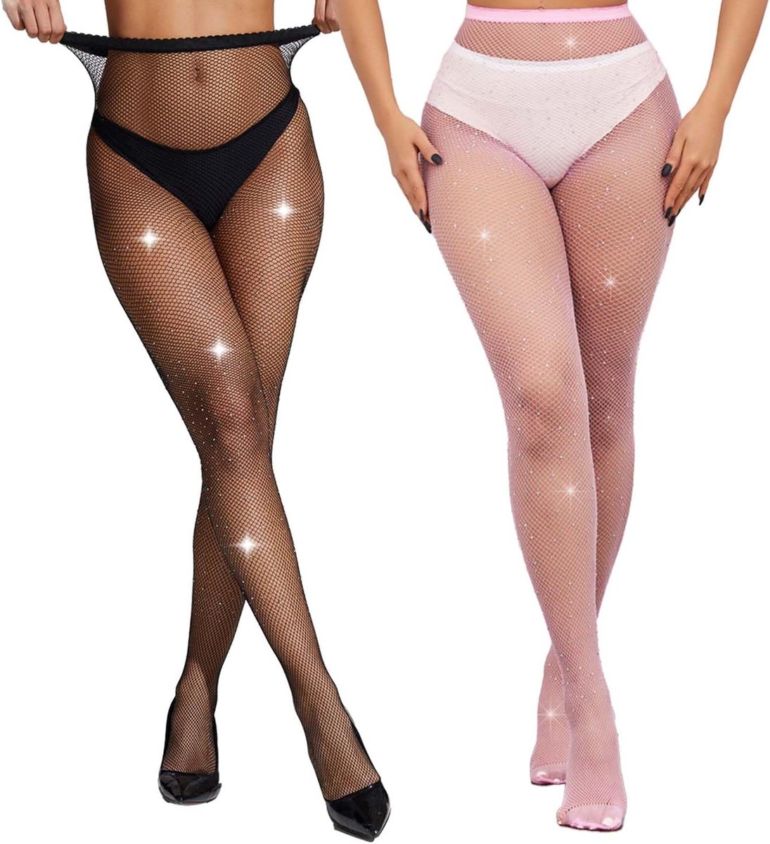 2 stuks glitterpanty voor dames, netpanty, zwart, visnet, panty, strass, glitterkous voor sexy vrouwen, nachtclub, feestkous (2810037991404)