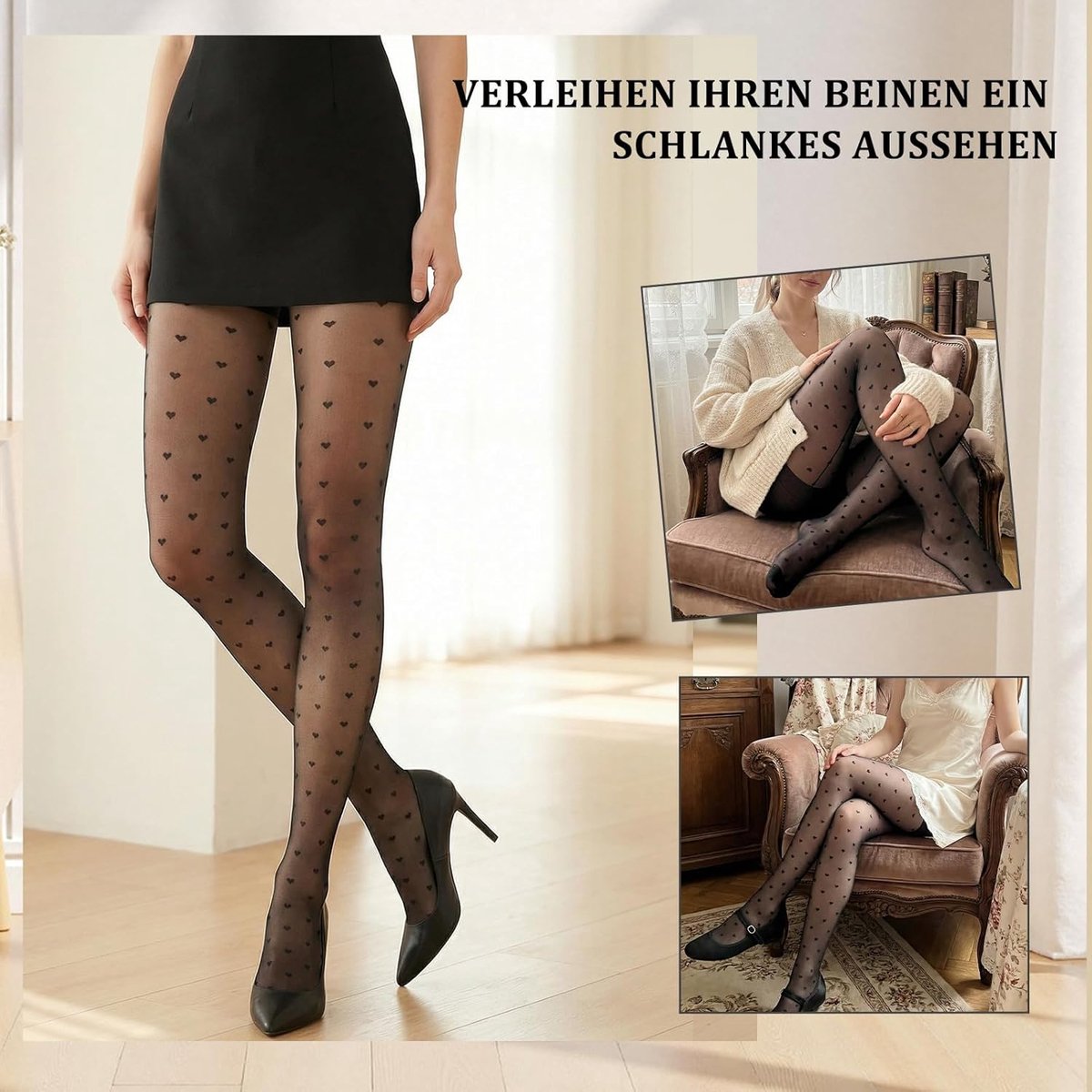 Panty hart, zwarte panty patroon, fijne panty met transparant hartprint, panty voor carnaval, Valentijnsdag (2110484911025)