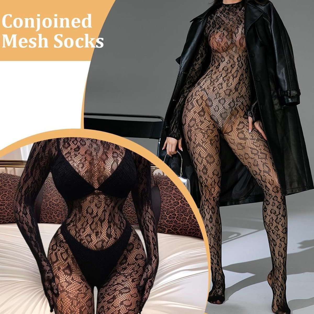 Panty voor dames, body met lange mouwen met mesh-inzetstuk en doorzichtige kousen (2715975387756)