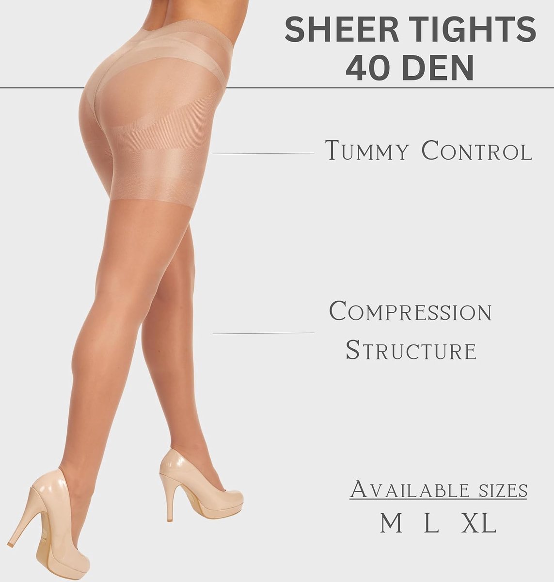 Panty voor dames, buikcontrole, 40 den., hoge taille, compressie, neutraal, zwart, contouren en afslanken van de benen, met lift- en vorm-billeneffect, M-XL (2658335861612)