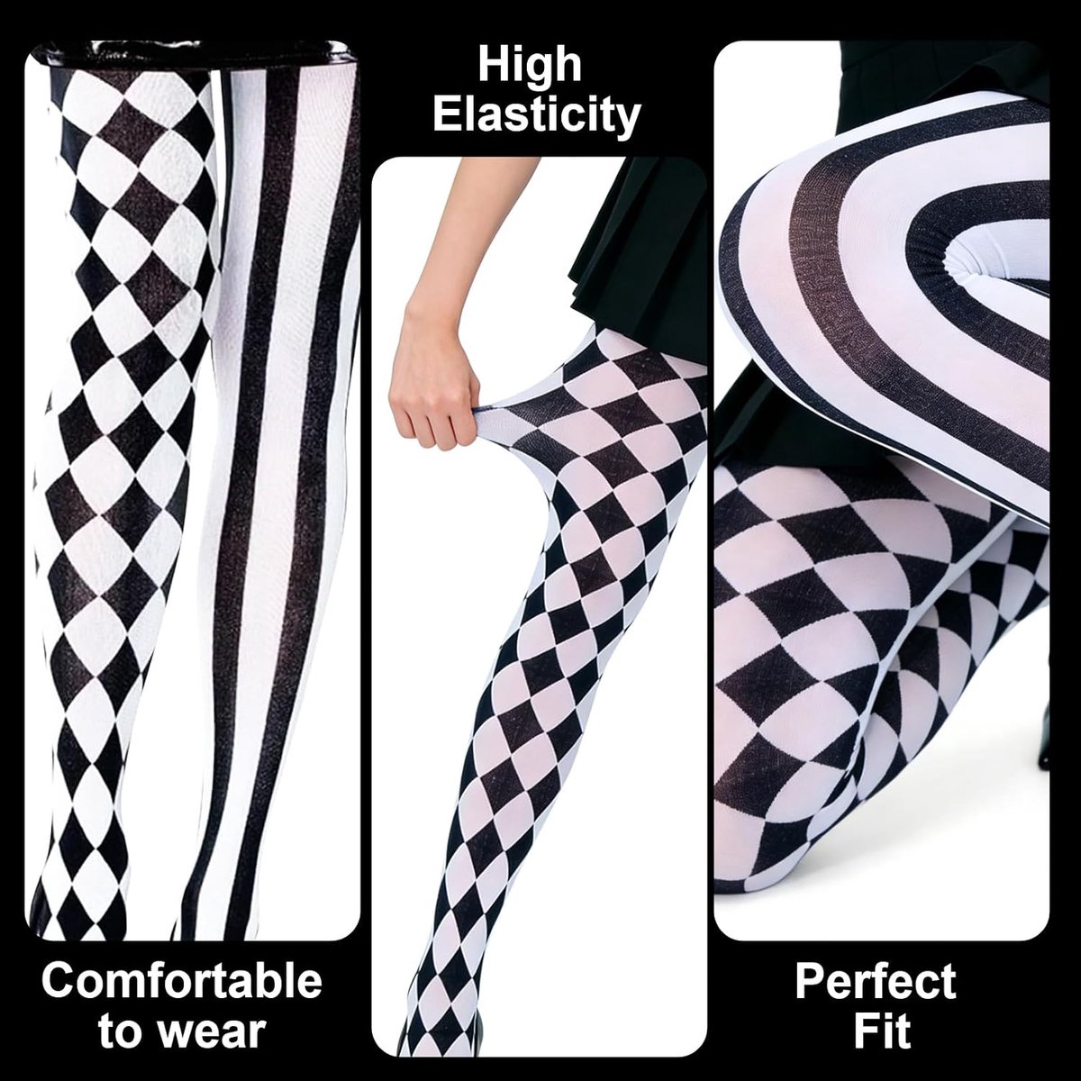 Panty voor dames, clownpanty, zwart, wit, circus, overknee-kousen, 70 cm, gestreept ruitpatroon, panty, carnaval, pierrood, harlekijn, kostuum voor dames, voor carnaval, themafeest, cosplay (2501382794849)