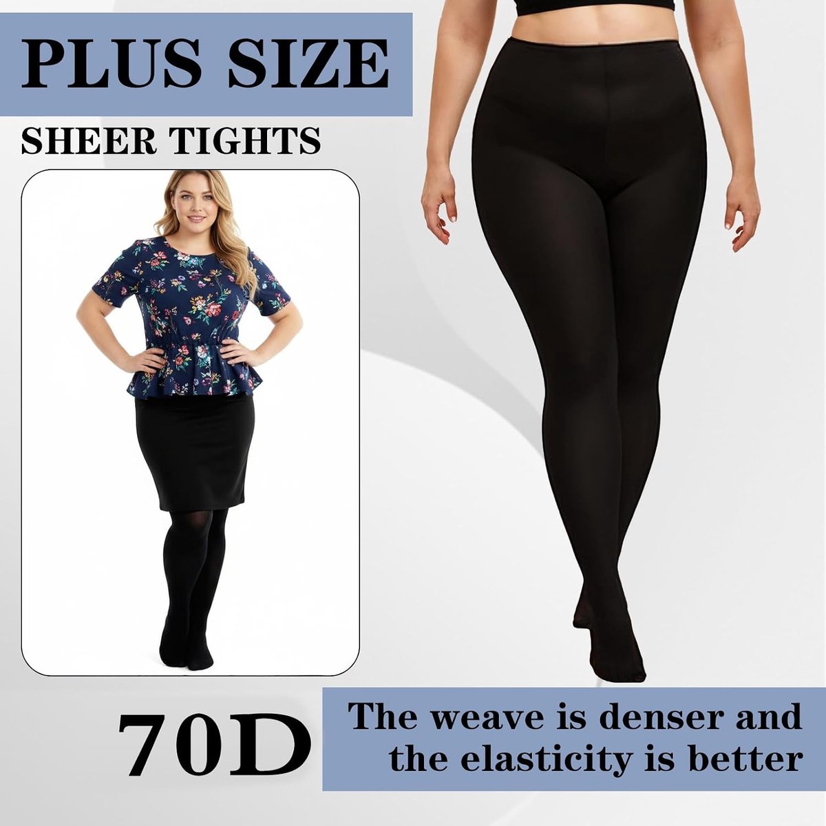 Panty voor dames, grote maten, 70D, elastisch, hoge tailleband, semi-ondoorzichtig, zwart, scheurvast, elastische taille, duurzaam, fijne panty taille (2XL, zwart, zwart) (2299932578734)