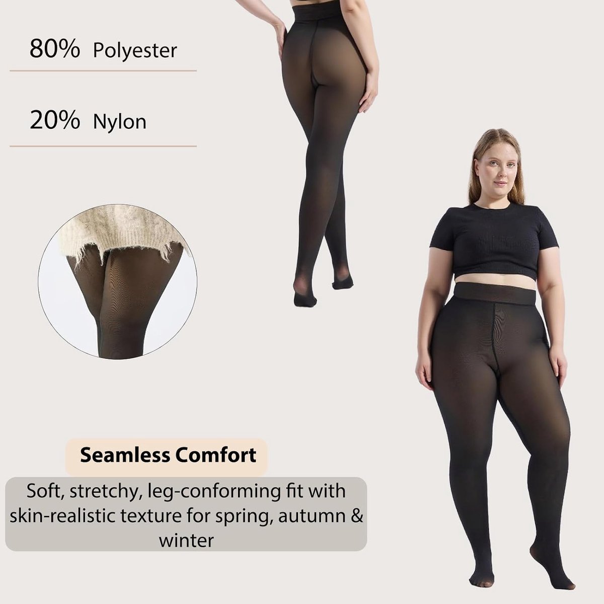 Panty voor dames, thermisch gevoerde compressiepanty met steunfunctie, zonder bandjes, fleece, zwarte steunpanty en fijne panty voor dames voor herfst en winter (2974460603256)