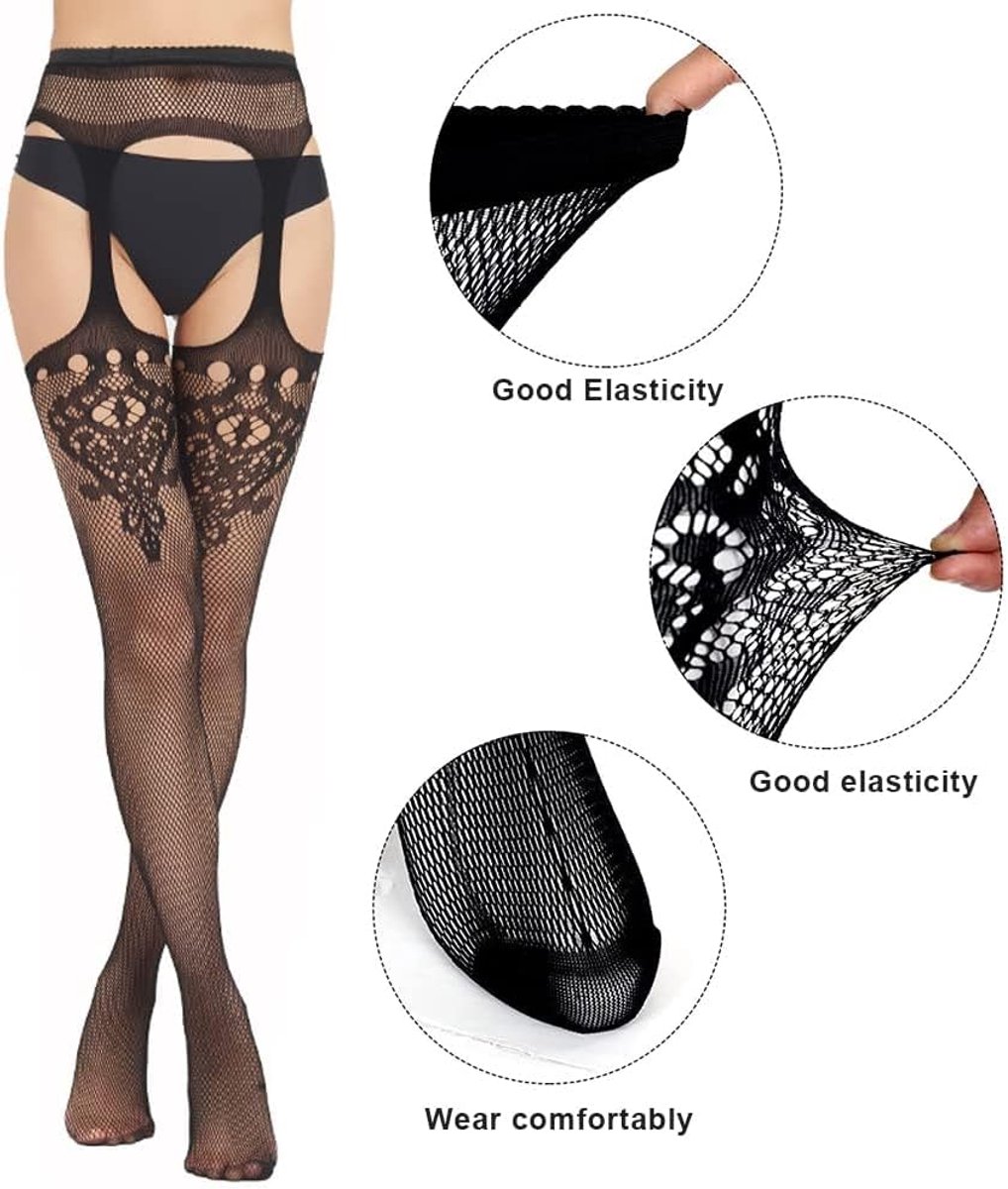 Panty's, 4 paar panty's voor dames, hoge taille, zwart, netkousen, kant, uitgehold, patroon, panty voor dames, patroon, 1 (2443708135779)