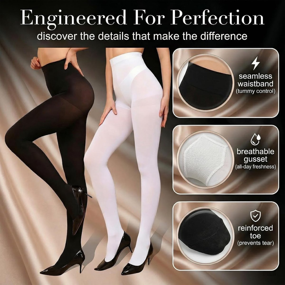 Panty's, 80D, 1 zwart en 1 wit, ondoorzichtig, zacht comfort voor dagelijks gebruik, kantoor of speciale gelegenheden (2548093988877)