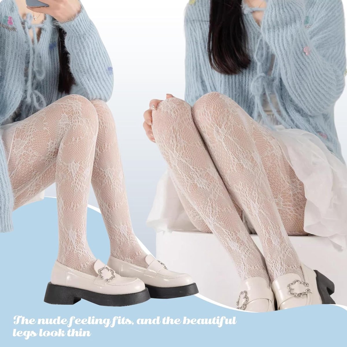 Panty's, patroon voor vrouwen, panty met bloemenkantpatroon, Lolita-panty, witte uitgeholde kantpanty voor fijne panty met netpanty, rokkant wit (2653582726912)