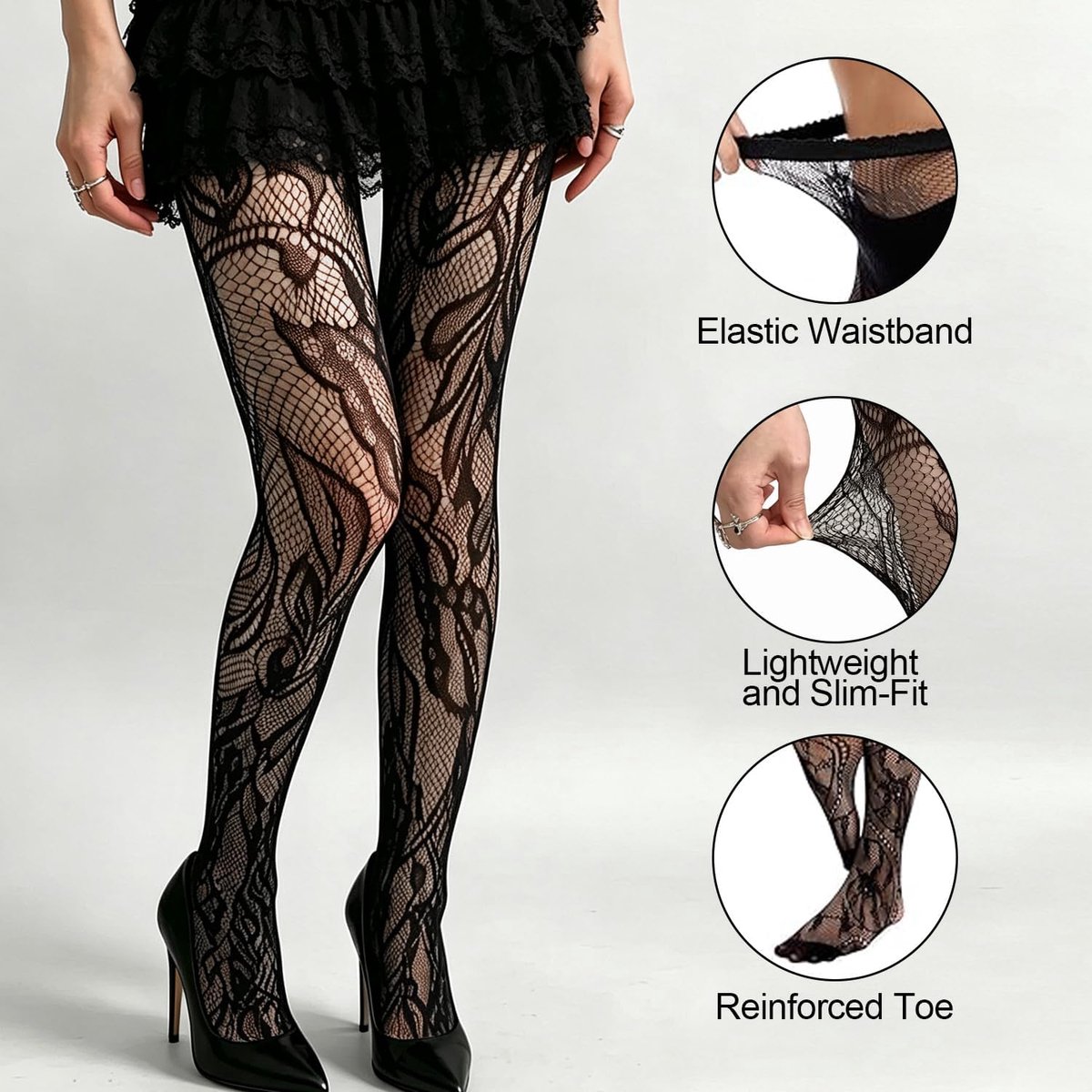 Panty's voor Dames met Kant en Bloemenpatroon, Zwart (2086820113708)
