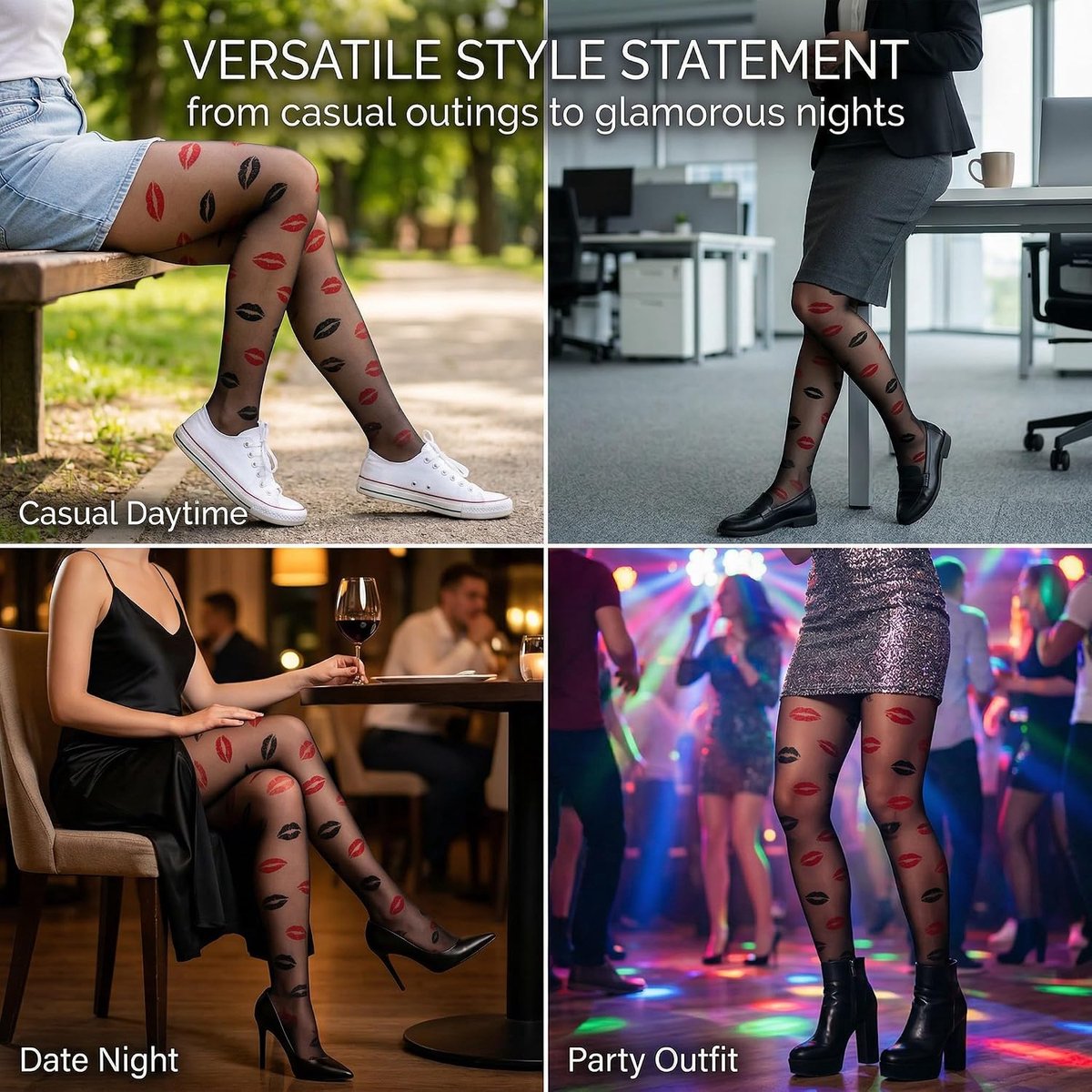 Panty's voor dames, 2 paar rode jacquard-panty's met lipprint, dunne zwarte zomerpanty voor dames. (2549422564182)