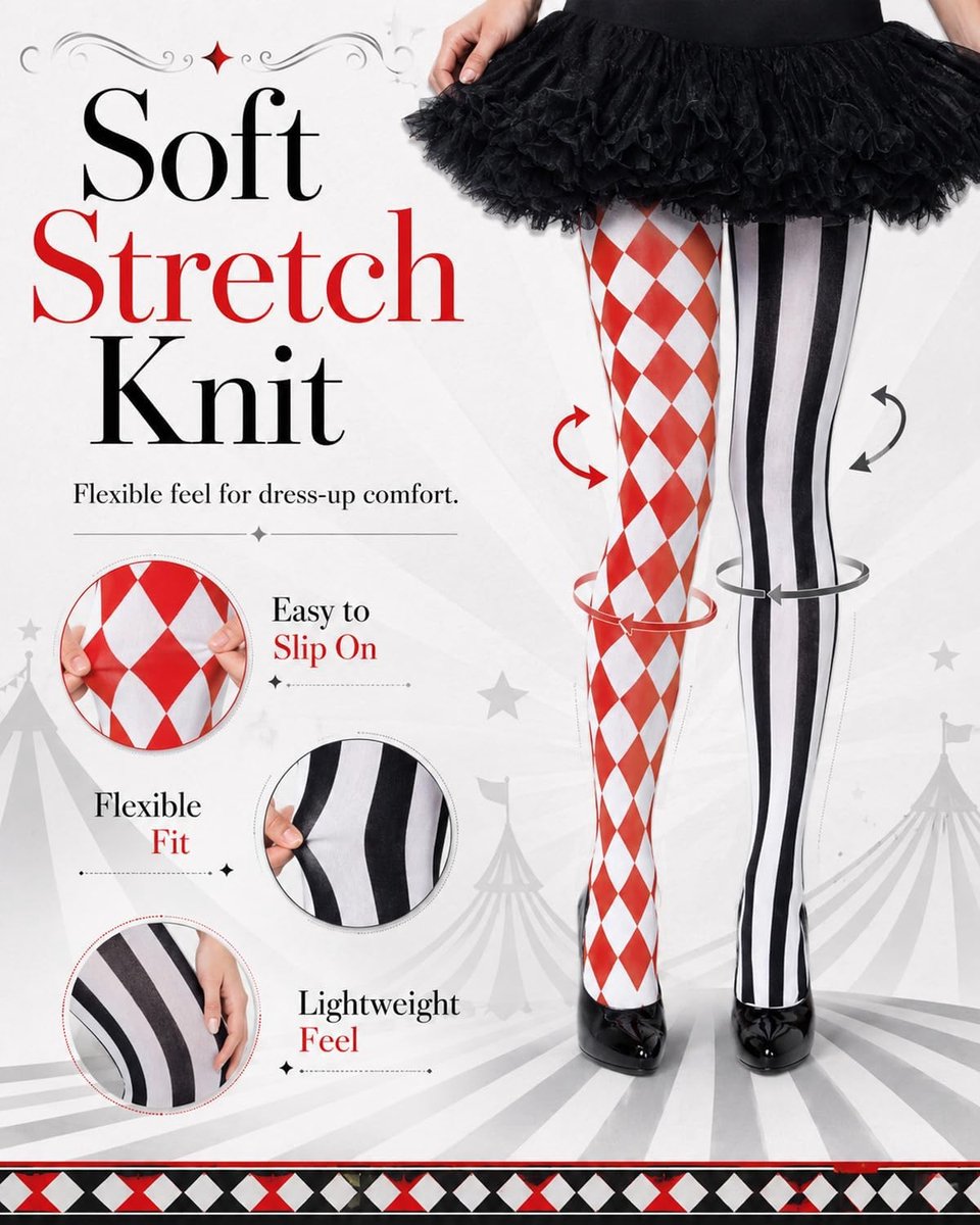 Panty's voor dames, Halloween, harlekijn, zwart en rood, kniebeschermers, antislip, elastisch, voor kostuum, carnaval, stabiel (2375678682543)