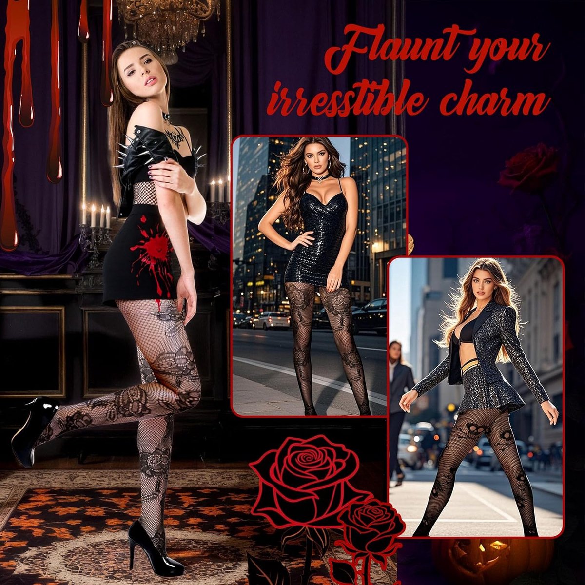 Panty's voor dames, sexy nylon panty's zwart met doodskop en roos, hoge taille, kant, mesh, gothic netpanty voor Halloween, dag van de doden, kostuum, accessoires (2346707529900)