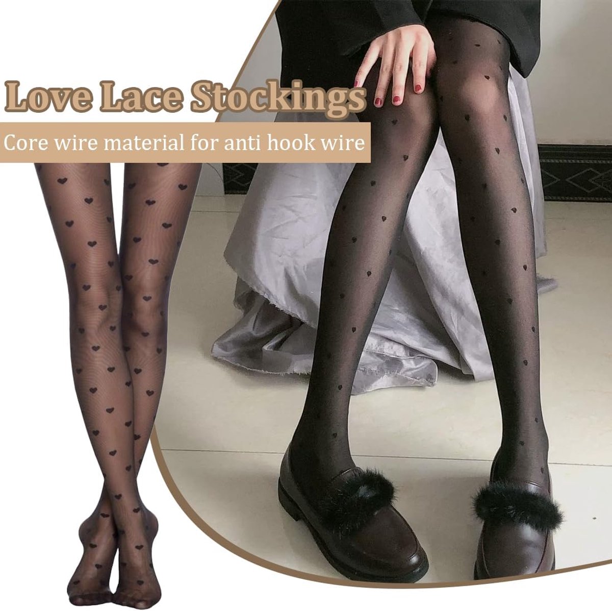 Panty's voor dames, zwarte jacquardkousen met hartpatroon, dunne panty's voor dames. (2831982008863)