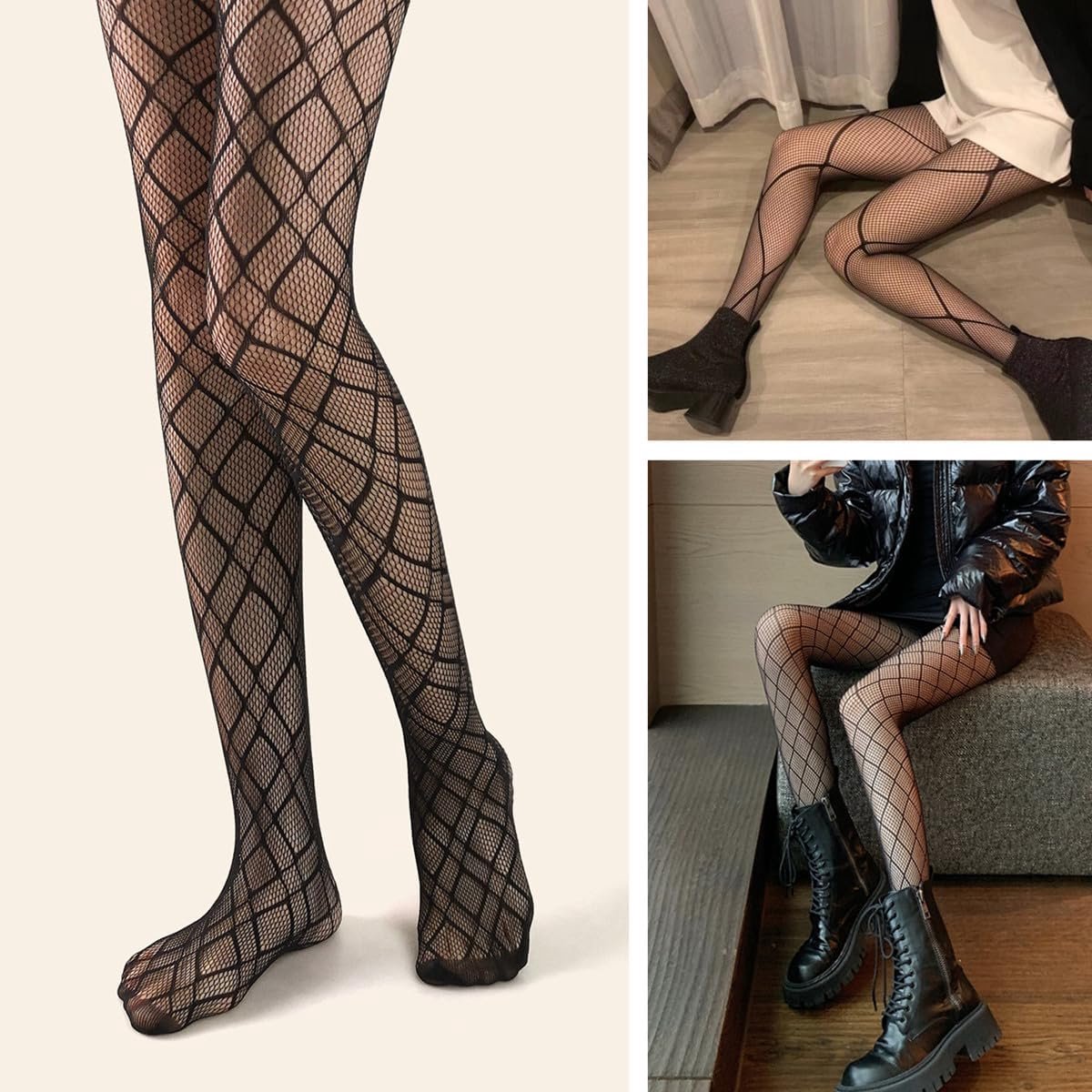 Panty's voor vrouwen, 3 paar elastische zwarte kruisrasters, geometrisch patroon, hoge taille, mesh, modieus, sexy nylon kousen, nachtclub, panty voor feest, cosplay, dagelijks (2224234109294)