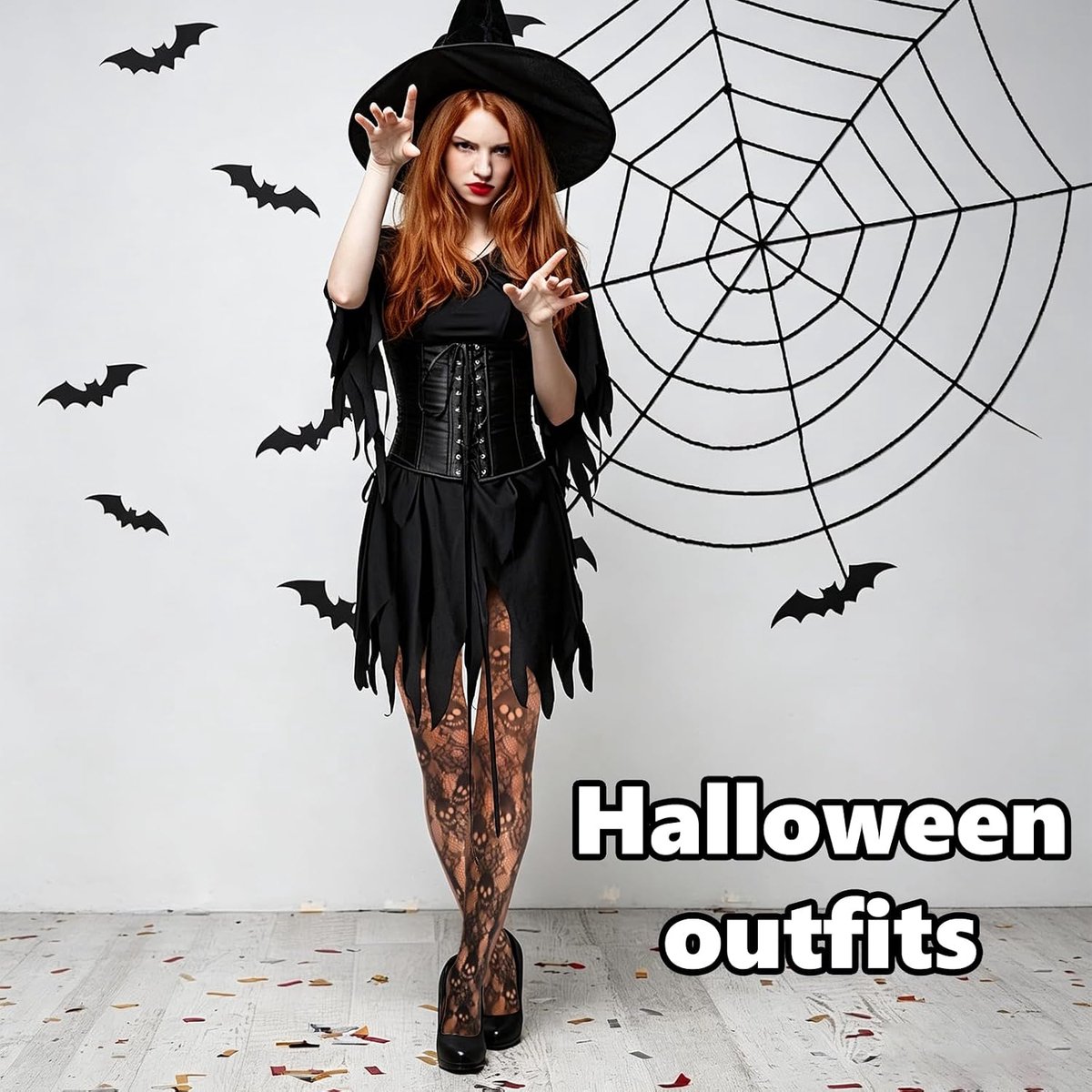 Panty's, vrouwen visnet panty Halloween spinnenweb en schedel print patroon, gothic, zwarte panty voor kostuum, feest, cosplay, carnaval (2965154165389)