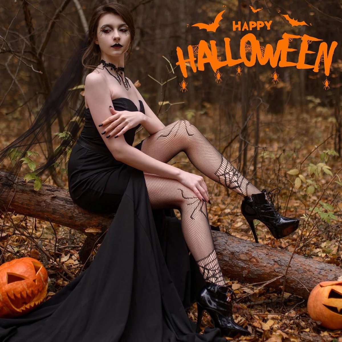 Panty's zwart Halloween, elastische netkousen, visnetpanty's, kousen met hoge taille voor dames voor feestjes, clubs, carnaval, dagelijks gebruik (2251936705660)