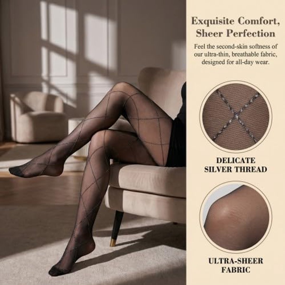Ruitpatroon glitter panty voor dames, elastische fijne panty zwart doorzichtig met zilverdraad, ultradunne panty voor avond, feest of dagelijks gebruik (2221577211882)