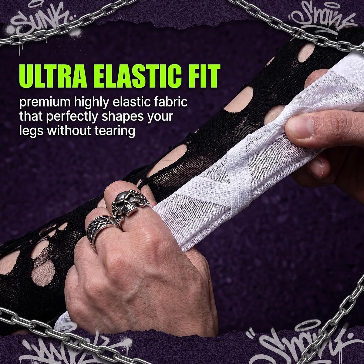 Set van 2 paar netkousen voor dames, zwarte panty met onregelmatig design en witte sokken met bandages, stijl Emo Punk Y2k, gothic mode-accessoires voor feestjes, clubs, cosplay, elastisch en (2836478953948)