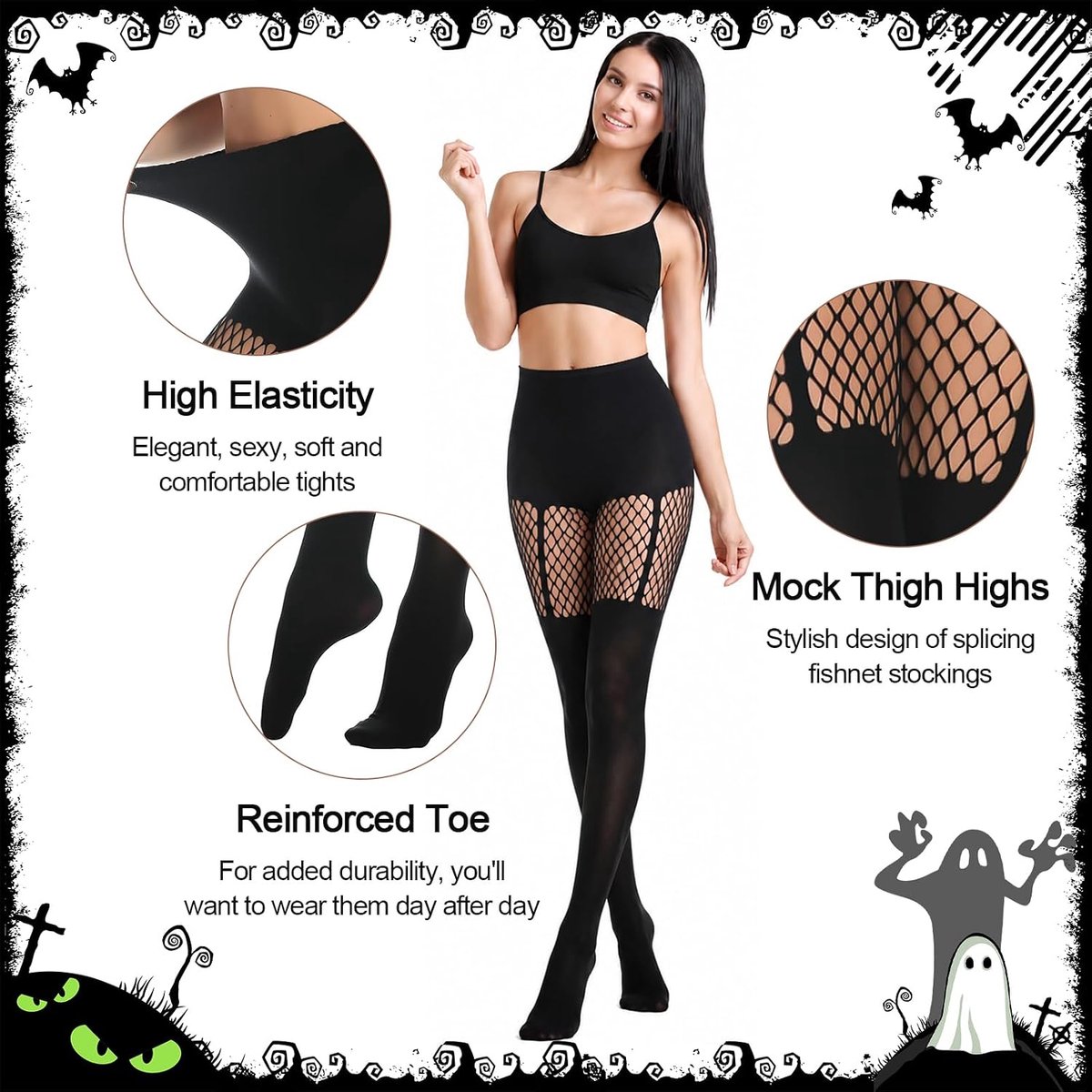 Visnetkousen voor dames op dijhoogte, ondoorzichtig, met siernaden, knielange panty in gothic-stijl met strepen en kousenbanden (2175563016572)