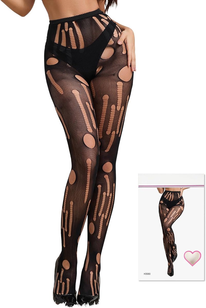 Zwart dames sexy panty destroyed-look XS-5XL netkousen grote maten elastische nylon kousen visnet kousen hoge taille lingerie panty vrouwen zwart XS-M (2101805162387)