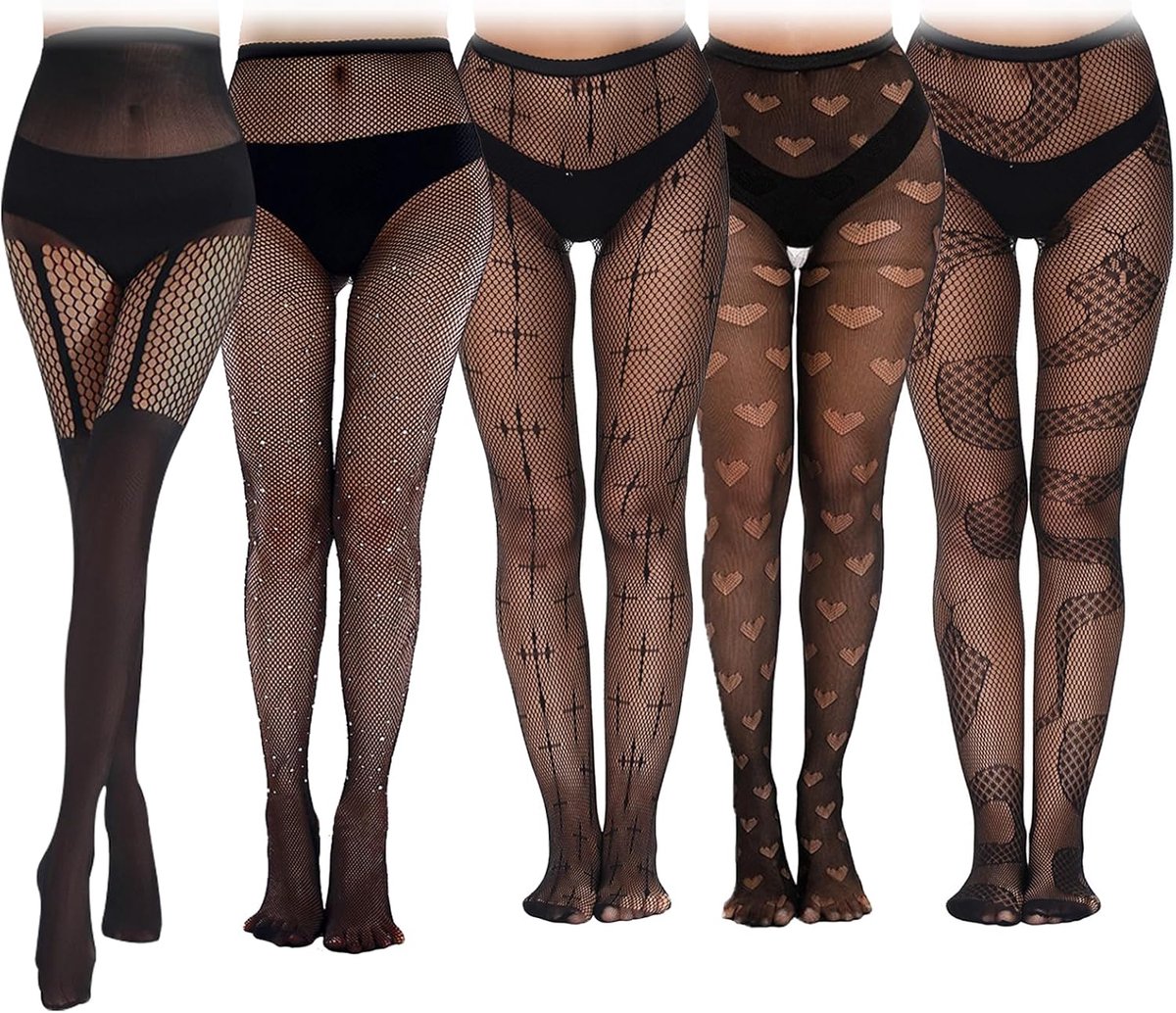 zwart 5 stuks panty dames patroon set, gothic panty met verschillende (2977568849908)